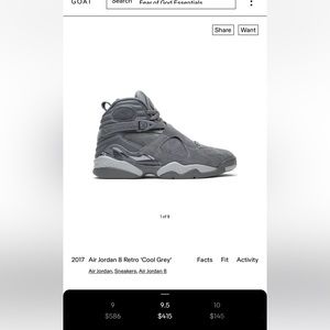 Jordan Retro 8s Cool Grey Size 9.5 str8 from hibbets when they dropped